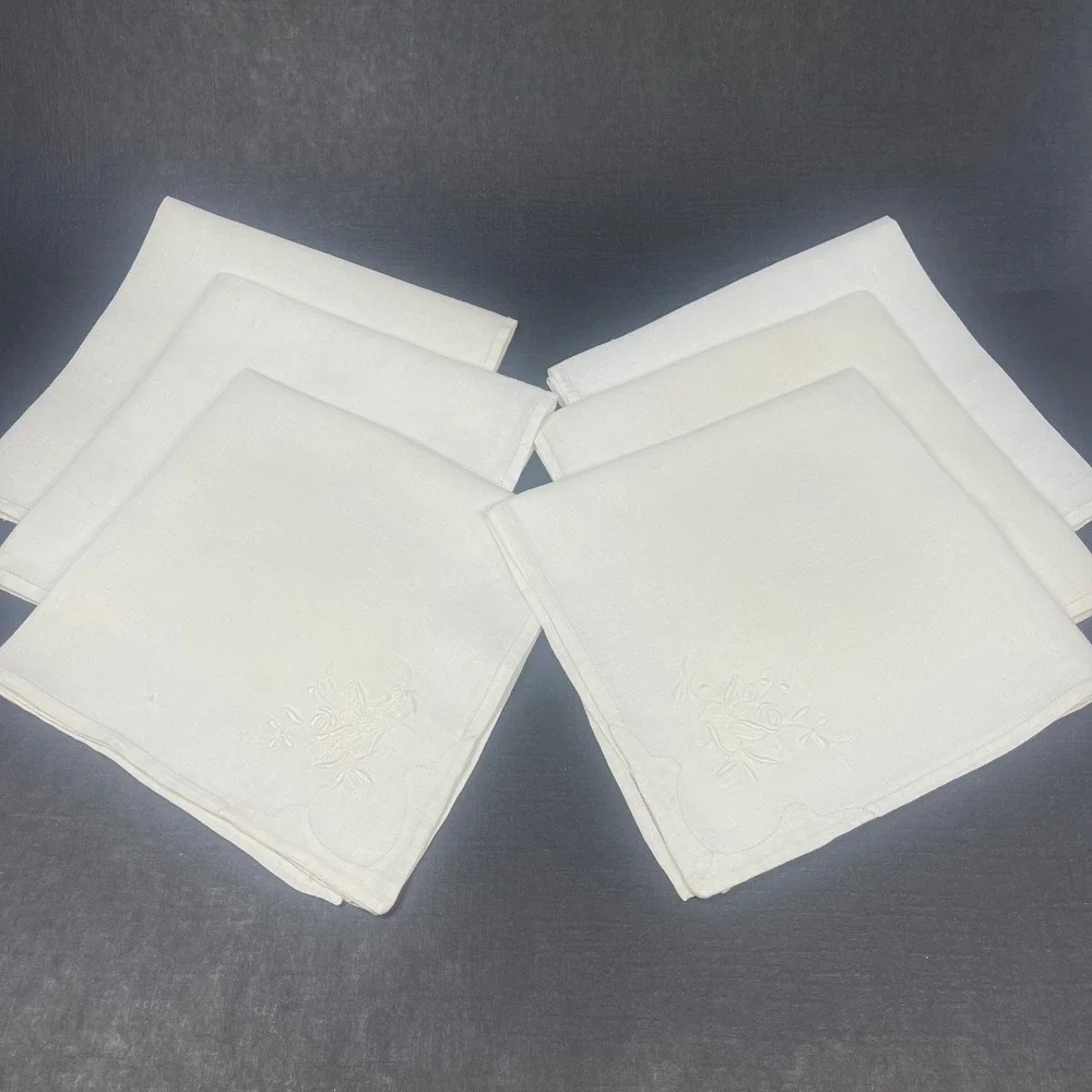Vintage White Linen Dinner Napkins Set 6 Madeira Style Embroidered Floral 16x16